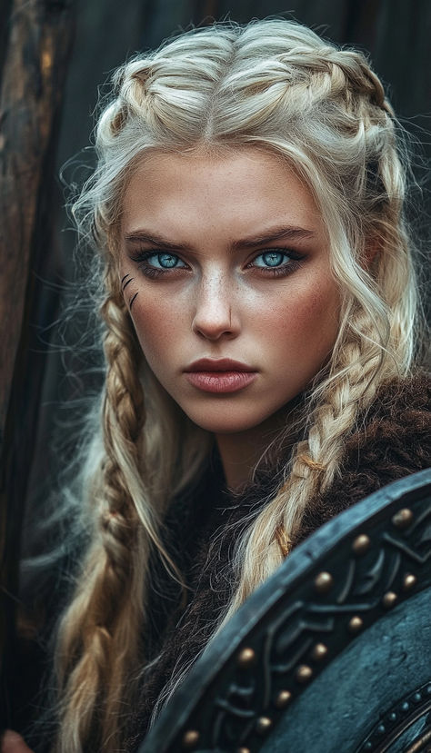 Striking Warrior Shield maiden viking woman with braids and clear blue eyes Croquis, Viking Warrior Face Paint, Women’s Viking Hair, Viking Warrior Makeup Female, Beautiful Viking Women, Viking Tattoos Women, Viking Women Art, Woman Viking Warrior, Female Braids Hairstyles