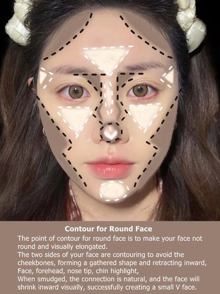 Korean Makeup Look Round Face, How To Contour Asian Face, Asian Face Contour, Makeup Round Face Asian, Korean Face Contour, Douyin Makeup For Round Face, Douyin Eye Makeup Step By Step, Chinese Makeup Tutorial Step By Step, Makeup Tutorial Round Face