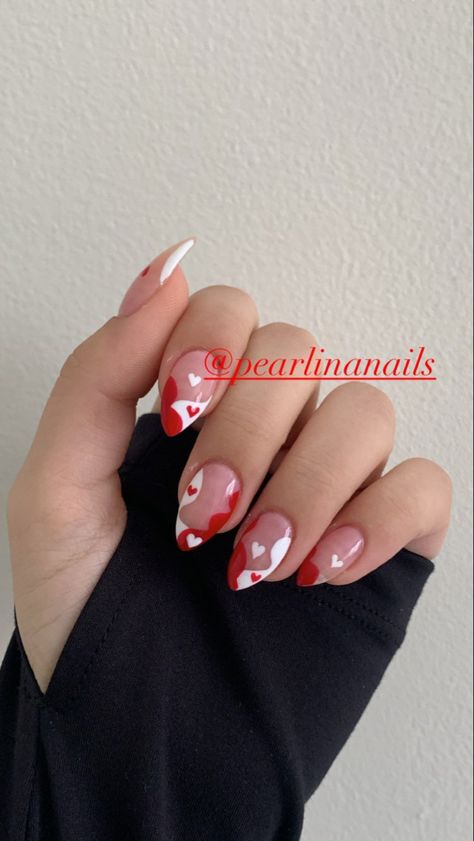 Abstract almond shaped whiteand red with hearts Almond Valentines Nails Pink, Valentine’s Day Almond Nails, Valentine’s Day Nails Almond, Valentines Almond Nails, Valentines Day Nails Almond Shape, Almond Valentines Nails, Valentines Day Nails Almond, Valentine Nails Pink, Nail Polish Art Designs