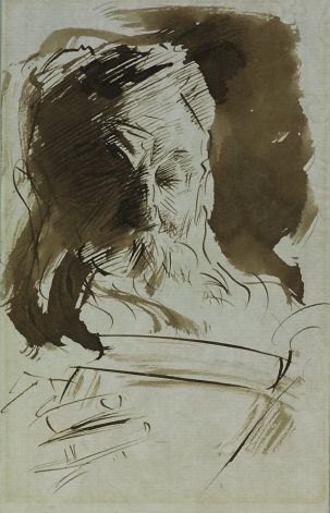 "Rodin Reading" (1902)  Pen and ink and wash by John Singer Sargent     7 x 4 5/8 inches    John Singer Sargent, Rodin Reading, 1902.Ê Pen and ink and wash, 7 x 4 5/8 in. Cantor Arts Center, Stanford, Gift of B. Gerald Cantor, 1977.19. Photo: Unknown, Cantor Arts Center, Stanford Rodin Drawing, Rembrandt Drawings, Dancing Drawings, Master Drawing, John Singer Sargent, Expressionist Art, Figure Sketching, Ink Wash, Arts Center