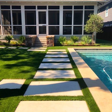 Pool Turf Landscaping, Pool Landscaping Pavers, Pavers And Grass Around Pool, Turf And Stone Around Pool, Pool And Turf Backyard, Fake Turf Around Pool, Astroturf Pool Area, Pool Turf Ideas, Turf And Concrete Around Pool