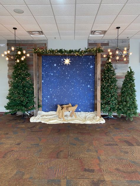 Pvc Stage Design, Nativity Scene Play Backdrop, Christmas Play Decorations Stage Design, Nativity Party Decorations, Silent Night Decorations, Christmas Bethlehem Decoration, Navitity Scene Diy, Church Nativity Scene Display, Christmas Decor Ideas Church Stage Decor