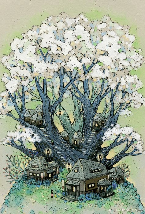 Tree Town, Story Books Illustrations, Postcard Set, Building Art, Drawing Stuff, Fantasy Landscape, Art Stuff, Artist Art, Watercolor Illustration