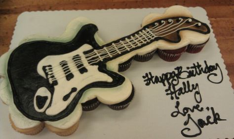 Guitar cupcakes cake Pull Apart Guitar Cupcake Cake, Guitar Cupcake Cake, Cupcake Shapes, Guitar Cupcakes, Guitar Cakes, Guitar Party, Music Themed Cakes, Rock And Roll Birthday, Music Cakes