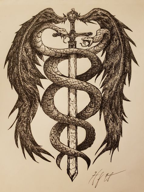 Hermes Staff, Tattoo Medieval, Staff Of Hermes, Hermes Tattoo, Caduceus Tattoo, Hades Tattoo, Harry Tattoos, Geometric Line Tattoo, Medieval Drawings