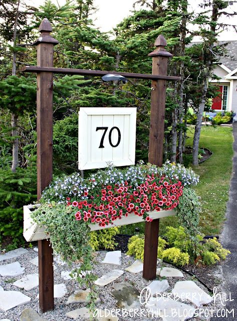 A DIY house number sign including a flower box that myself & my husban… :: Hometalk Unique House Numbers, Driveway Entrance Landscaping, House Numbers Diy, Front Yard Decor, Diy Curb Appeal, Number Ideas, Driveway Landscaping, Front Yard Design, Farm Signs