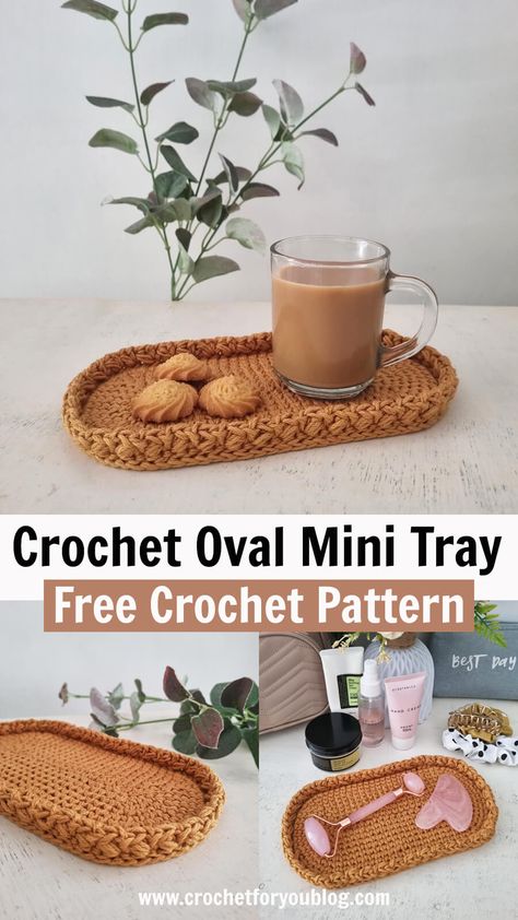 Learn how to crochet an oval mini tray that’s both decorative and functional. This versatile and modern style crochet oval mini tray perfect for tea and biscuit time or holding any small items Tela, Crochet Small Rug, Good Crochet Things To Sell, House Decor Crochet, Crochet Desk Accessories Free Patterns, Modern Crochet Decor, Small Crochet Decor, Crochet For Bedroom, Crochet Kitchen Decor