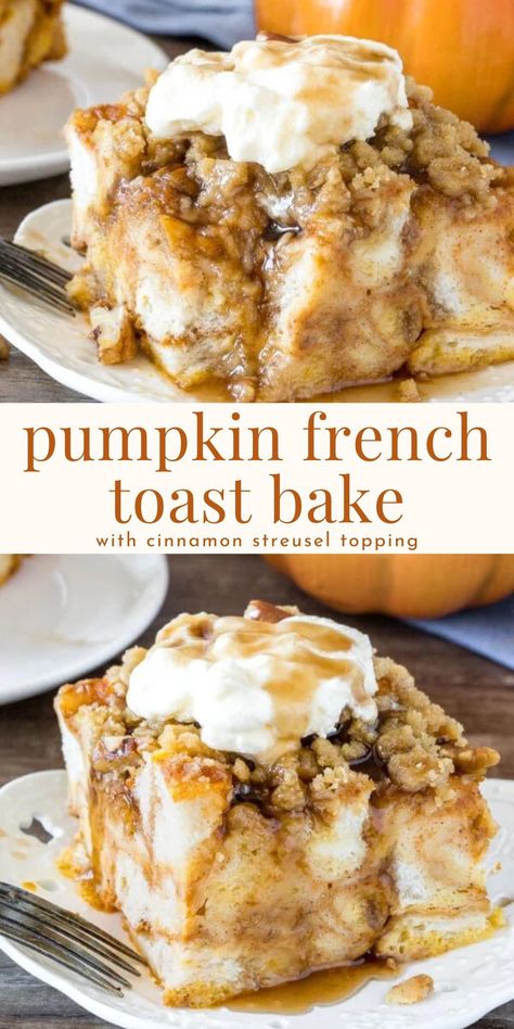 This pumpkin French toast casserole is extra fluffy with a comforting pumpkin spice flavor and cinnamon streusel on top. It's the perfect breakfast for when you have visitors because you can prep everything the night before and pop in the oven to bake the next morning #pumpkinspice #breakfastcasserole #breakfast #pumpkinfrenchtoast #frenchtoastbake #frenchtoastcasserole from Just so Tasty https://www.justsotasty.com/pumpkin-french-toast-casserole/ Pumpkin French Toast Bake, Pumpkin French Toast Casserole, French Toast Casserole Recipe, Dessert Pumpkin, Fall Recipes Breakfast, Pumpkin Breakfast, Pumpkin French Toast, Cinnamon Streusel, Toast Casserole