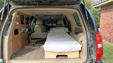 Overland Suv Build Ideas, Camping In A Suburban, Chevy Suburban Camper Conversion, Chevy Equinox Camping, Chevy Tahoe Camping, Suburban Overland Vehicle, Chevy Suburban Camping, Suv Camping Setup, Suv Camping Ideas