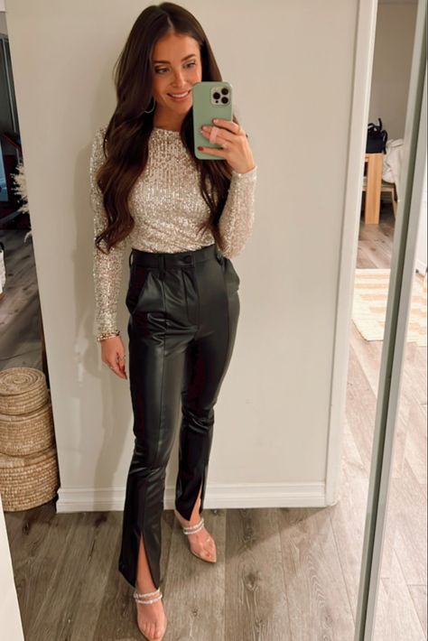 Sequin Top Leather Pants, Split Leather Pants Outfit, Leather Pants Outfit New Years, Leather Pants Nye Outfit, How To Style Velvet Pants, Leather Pants Christmas Outfit, Black Leather Flare Pants Outfit, Leather Pants Holiday Outfit, Sheer Top Outfit Night