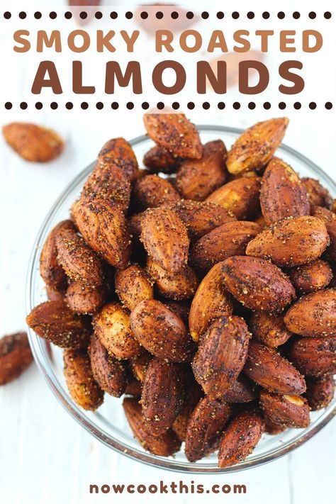 These Smoky Roasted Almonds are a quick, easy, healthy (and addictive) snack that you make right in your own oven...no smoker needed! They're subtly smoky, garlicky, salty, and absolutely delicious. Perfect as a pre-dinner nibble, great paired with drinks, and fabulous for snacking any time. Get the recipe and try them! #smokyroastedalmonds #roastedalmonds #almonds #snacks #healthysnacks Seasoned Roasted Almonds, How To Season Almonds, Roasted Almonds Recipe Healthy, Cocoa Almonds Recipe, Oven Roasted Almonds Recipe, Roasted Almond Recipes, Roast Almonds In Oven, Seasoned Almonds Recipes, Roasted Almonds Oven