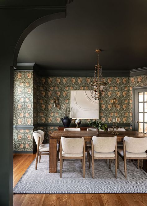 Moody Dining Room, Moody Home, Vintage Inspired Home, Cary North Carolina, Earthy Neutrals, Green Dining Room, Blue Dining Chair, Custom Coffee Table, Lighting Plan