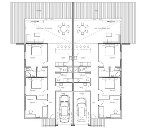 house design semi-detached-house-plan-ch120d 5 3 Bedroom Semi Detached House Plans, Homedecoration Ideas, Marsh House, Duplex House Plan, Duplex Floor Plans, Modern Villas, Three Bedroom House Plan, Small Floor Plans, Duplex Plans