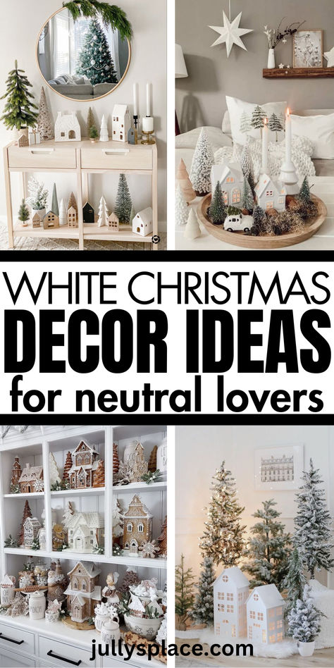 White Christmas Decor White And Greenery Christmas Decor, White Tree Display, White Christmas Interior Decor, Neutral Winter Throw Pillows, Cream Christmas Decor Ideas, Christmas Decor For Top Of Hutch, White Xmas Decorating Ideas, White Christmas Entryway Decor, Winter Forest Decorations Christmas Decor