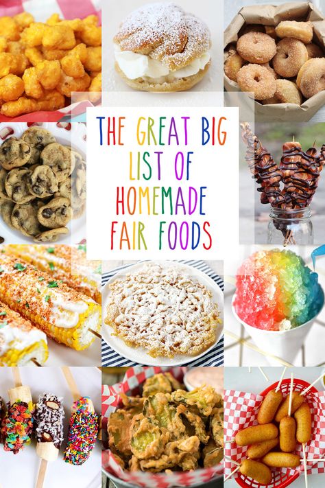 A collage of fair foods you can make at home. Homemade Frozen Food Ideas, Best Food To Sell At Festivals, State Fair Recipes At Home, Christmas Fair Food Ideas, Essen, County Fair Recipes, State Fair Theme Party Food, Street Food Appetizers, Boardwalk Food Ideas