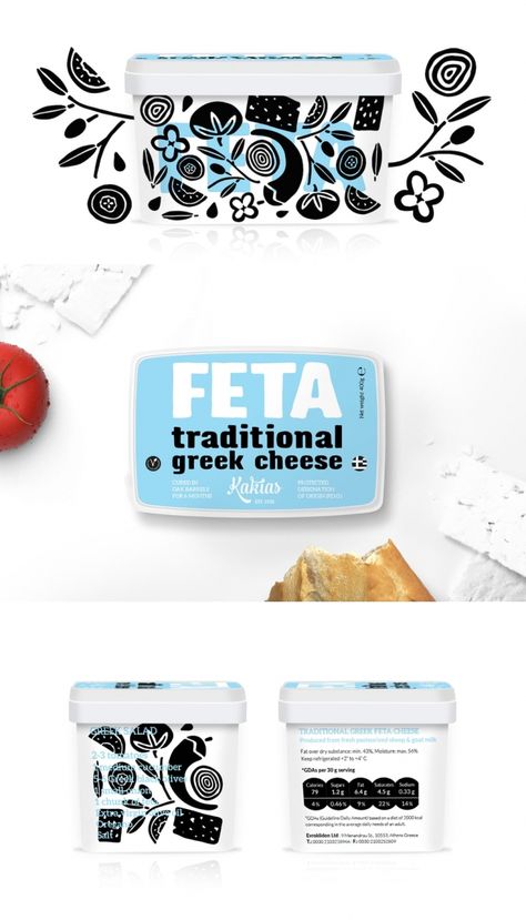 Kakias | Feta Cheese — The Dieline | Packaging & Branding Design & Innovation News Gourmet Food Packaging Design, Gourmet Food Packaging, Cheese Illustration Design, Greek Packaging, Cheese Shop Design, Cheese Branding, Cheese Packaging Design, Cheese Illustration, Illustration Design Inspiration