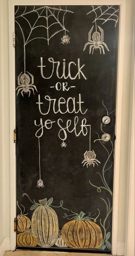 Chalk Boarder Designs October, Fall Halloween Chalkboard Art, Halloween Sandwich Board Sign, Fall Store Chalkboard Sign, Halloween Chalk Wall Ideas, Fall Welcome Chalkboard Sign, Spooky Season Chalkboard, Whiteboard Halloween Art, Work Chalkboard Ideas