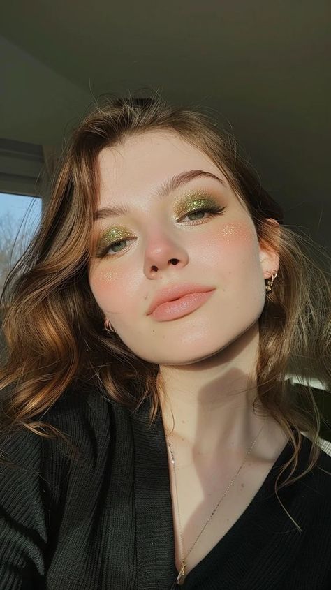 Green And Copper Makeup, How To Green Eyeshadow, Classy Makeup Green Eyes, Sage Green Aesthetic Makeup, Fall Makeup Looks Green Eyes, Sparkle Green Eye Makeup, Makeup Sage Green Dress, Subtle Euphoria Makeup, Light Natural Eyeshadow