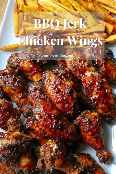 BBQ Jerk Wings with Plantain Fries Bbq Jerk Chicken Wings, Jamaican Jerk Wings Recipe, Bbq Jerk Chicken Recipe, Grilled Jerk Chicken Wings, Jerk Chicken Fries, Jerk Wings Recipe, Baked Jerk Chicken Wings, Jamaican Bbq Chicken, Jerk Fried Chicken