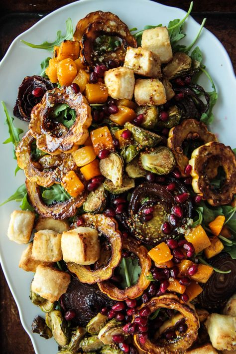 Arugula and Roasted Autumn Vegetable Salad with Crispy Baked Tofu - Heather Christo American Recipes, Meal Salads, Autumn Dishes, Vegetable Salads, Fall Veggies, Vegetarian Mains, Green Meals, Fall Foods, Baked Tofu