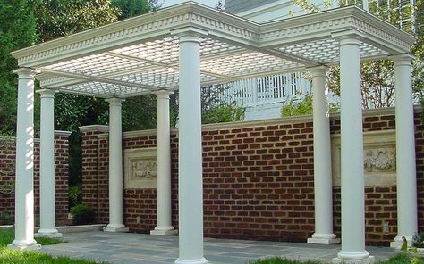 Pergola With Round Columns, Pergola With Columns, Victorian Pergola, Pergola Over Deck, Trellis Ceiling, Stone Pergola, Pergola Columns, Side Pergola, Classic Pergola