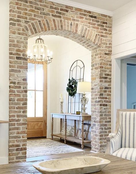 Half Brick Wall, Brick Archway, Interior Brick, Brick Interior Wall, Contemporary Cabin, Mud Room Entry, Brick Interior, Mediterranean Style Home, Brick Decor