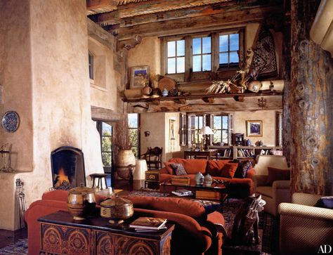 Gene Hackman’s Rustic Santa Fe Home Photos | Architectural Digest Santa Fe Interior Design, Santa Fe Style Decor, Santa Fe Interiors, Santa Fe Decor, Santa Fe Style Homes, Adobe Interior, Stucco Colors, Gene Hackman, Santa Fe Home