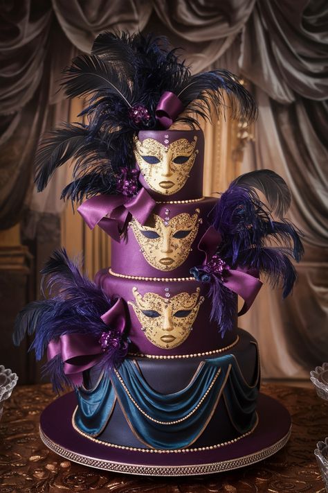 Masquerade Ball Magic: Jewel-Toned Birthday Cake Masterpiece Masquerade Party Cake, Masquerade Ball Aesthetic, Sweet 16 Masquerade Party, Masquerade Ideas, Masquerade Cakes, Birthday Cake Aesthetic, Purple Cakes Birthday, Crystal Decorations, Ball Aesthetic