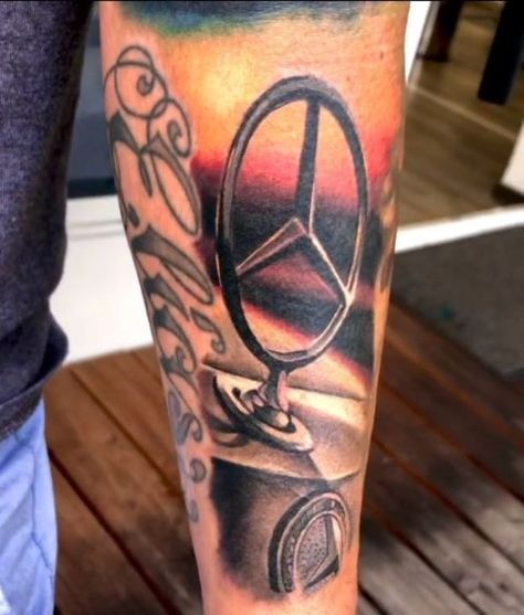 Mercedes Logo Tattoo, Mercedes Benz Tattoo Ideas, Mercedes Tattoo Ideas, Mercedes Benz Tattoo, Mercedes Tattoo, Benz Tattoo, Headliner Repair, Back Of Leg Tattoos, Mercedes Logo