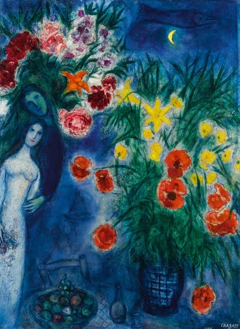 MARC CHAGALL | LES AMOUREUX AUX COQUELICOTS (DEUX BOUQUETS À HIGH FALLS) | Signed Marc Chagall (lower right); signed Marc Chagall, dated 1948 and 1952 and inscribed extensively in Russian (on the original stretcher bar) Oil on canvas | Sotheby's Chagall Paintings, Arte Folk, Marc Chagall, Philadelphia Museum Of Art, Art Department, Paul Gauguin, Jewish Art, Famous Artists, Painting Illustration