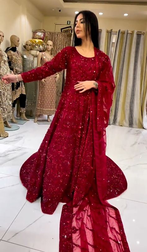 Stunning Bridal Maxi With Huge Back Tale Full Embroidery Work & Dupatta Corner Bordered...! Bridal Maxi, Black Nails With Glitter, Corner Borders, Red Gowns, Dress Inspo, Embroidery Work, Black Nails, Wedding Hairstyles, Long Sleeve Dress