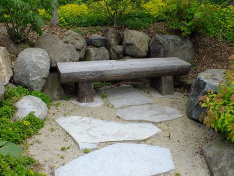 bench | U.S. Japanese Gardens #japanesegarden Log Benches, Japanese Inspired Garden, Serenity Garden, Small Japanese Garden, Country Fences, Natural Fence, Living Fence, Brick Fence, Lattice Fence