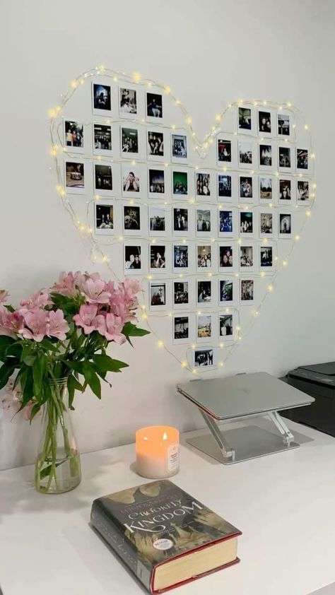 Ways To Display Polaroids, Polaroid Heart Wall, Wall With Fairy Lights, Wall Decor Polaroid, Film Photo Wall, Display Polaroids, Photo Wall Diy, Polaroid Wall Ideas, Polaroid Heart