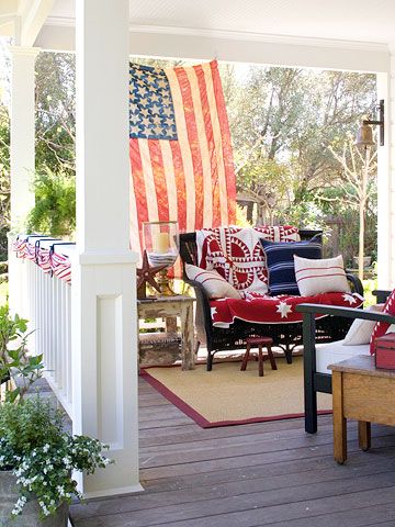 A vintage American flags make a great decor idea: http://www.bhg.com/holidays/july-4th/decorating/4th-of-july-home-decorating-ideas/?socsrc=bhgpin062814summersensation&page=6 Blue Outdoor Decor, Patriotic Porch, Summer Porch, Blue Furniture, Home Of The Brave, Americana Decor, 4th Of July Decorations, Decks And Porches, The Porch