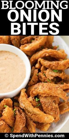 Learn how to make Blooming Onion Bites with dipping sauce following this easy recipe! Make them on the stovetop, in the oven, or use the Air Fryer. #spendwithpennies #bloomingonion #recipe #appetizer #airfryer #easy #best #homemade #mini #deepfried Fried Onion Petals Recipe, Blooming Onion Recipe Oven, Blooming Onions Recipe, Blooming Onion Recipe Easy, Airfryer Appetizer Recipes, Blooming Onion Petals Recipe, Airfryer Blooming Onion, Onion Petals Recipe Air Fryer, Hamburger Sides Ideas Easy