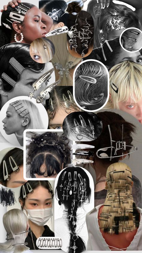 Silver Hair Accessories Aesthetic, Silver Hairclips Hairstyle, Hairstyle With Silver Clips, Black Outfit With Silver Accessories, Silver Hair Clips Aesthetic, Black Hair Accessories Aesthetic, Y2k Hairclip Hairstyle, Y2k Hairstyles Hairclips, Metal Hair Clips Hairstyles