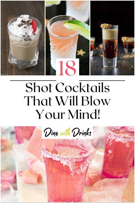 Collage of 4 shot cocktails. Drinks Alcohol Recipes Shots, Cute Shots Alcohol, Birthday Shooters Alcohol, Shots For Party Alcohol, Nye Shots Cocktail Recipes, Drinks To Serve At A Party, Drinks Alcohol Recipes Bar, Glitter Shots Alcohol, Cocktail Party Setup Ideas