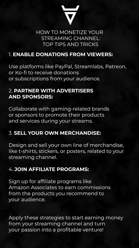 Don't let your streaming passion go unrewarded! Monetize your streaming channel by following these essential tips: Enable donations from viewers, partner with advertisers and sponsors, sell your own merchandise, and join affiliate programs. Apply these strategies to start earning money from your streaming channel and turn your passion into a profitable venture! #StreamingTips #MonetizeYourChannel #TwitchStreamer #GamingIncome Twitch Affiliate Ideas, Live Streaming Content Ideas, Podcast Merchandise Ideas, Starting A Twitch Channel, How To Start Streaming, Streaming Setup Ideas, Cat Vtuber, Twitch Tips, Stream Elements