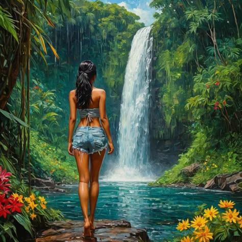 Woman Character, Waterfall Pictures, Indian Women Painting, People Drawing, Drawing Cartoon Faces, Hawaiian Art, Realism Painting, Landscape Art Painting, Island Art