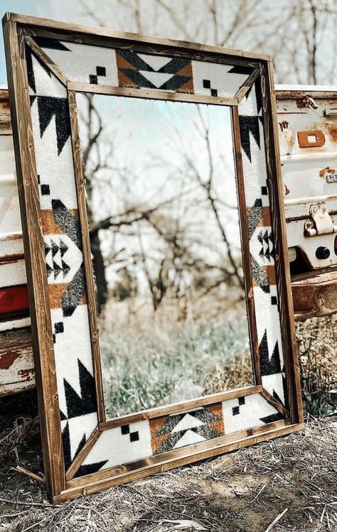 Western Mirror, Southwest Furniture, Scrap Wood Art, Pocket Holes, Mirror Style, Beveled Edge Mirror, Native Print, Mirror Frame Diy, Wood Mosaic