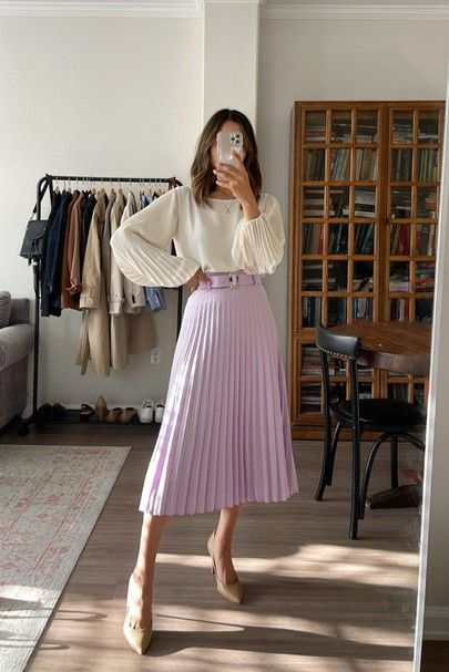 Lavender Midi Skirt, White Blouse Skirt Outfit, Lavender Pleated Skirt Outfit, Lilac Work Outfit, Lilac Pleated Skirt Outfit, Lilac Midi Skirt Outfit, Lilac Maxi Skirt Outfit, Easter Skirt Outfit, Purple Skirt Outfit Summer