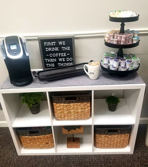 Small Coffee Bar For Office, Office Kitchen Snack Bar, Cubical Coffee Station, Coffee Bar Office Break Room, Coffee Shop Reading Corner Classroom, Break Room Coffee Station, Break Room Storage Ideas, Cute Break Room Ideas, Coffee Bar Ideas For School