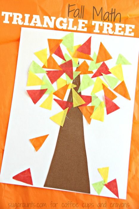 Kids will love to make this colorful Fall Tree Math Craft while working on fine motor skills and math concepts like shape recognition with a triangle tree. Art Teen, November Crafts, Fall Preschool Activities, Fall Lessons, Fall Math, Tree Study, Math Crafts, Fall Kindergarten, Shapes Preschool