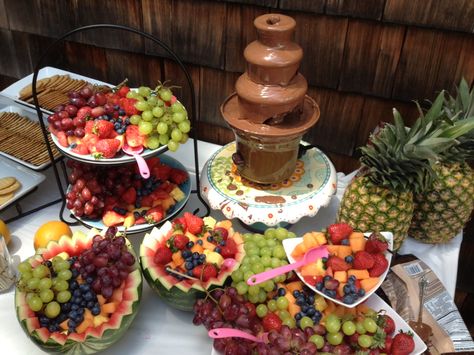 Fruit Bar With Chocolate Fountain, Fruit Chocolate Fountain, Fruit Table With Chocolate Fountain, Chocolate Fountain Display, Chocolate Fountain Wedding, Chocolate Fountain Bar, Mexican Dessert Table, Bridal Shower Chocolate, Fruit And Chocolate