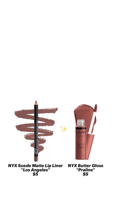 Nyx Butter Gloss Praline, Lipstick Color Palette, Nyx Lip Combo, Nude Lip Combo, Nyx Lip Liner, Makeup Brush Uses, Drugstore Lips, Preppy Makeup, Essential Makeup Brushes