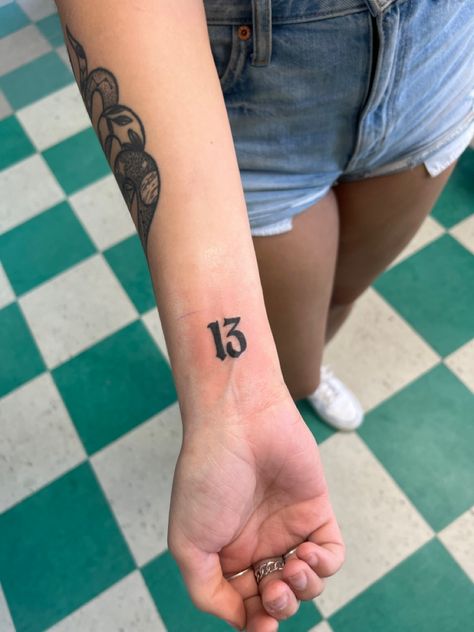 13 Wrist Tattoo, Small 13 Tattoo, 13 Tattoo Number Ideas, 06 Tattoo, Number 13 Tattoo, Inner Wrist Tattoo, Lucky 13 Tattoo, Tattoo Number Fonts, Number 13 Tattoos