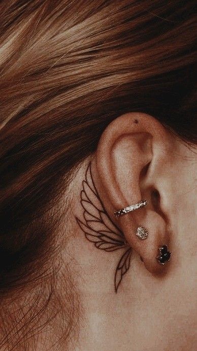 Bat Wing Behind Ear Tattoo, Angle Wing Behind Ear Tattoo, Ears Tattoo Behind The, Ear Tattoo Dragon, Ear Wing Tattoo, Behide Ear Tattoo, Ear Tattoo Butterfly, Tattoo Ideas Female Behind The Ear, Aesthetic Neck Tattoo