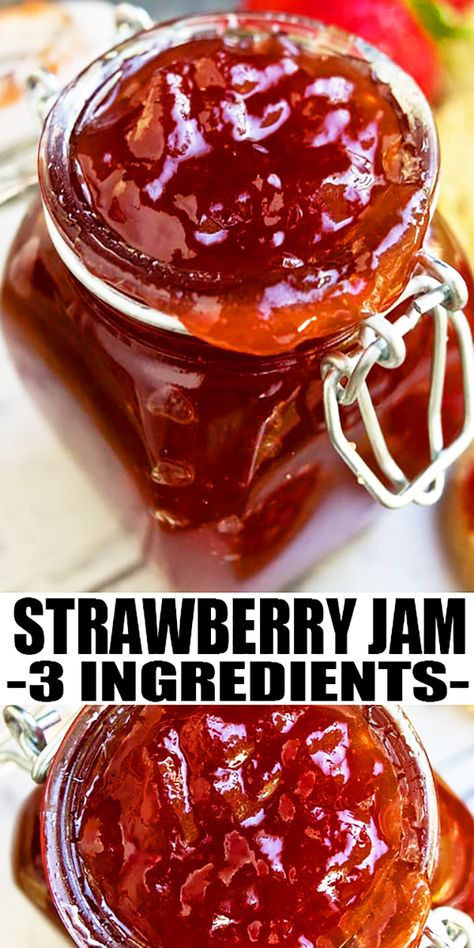 STRAWBERRY JAM RECIPE- Learn how to make the best quick and easy homemade jam recipe without pectin on stovetop. Requires simple ingredients. Great on bread or as a cake or cookie filling. Can also add rhubarb and also make it sugar free. Also freezer friendly. From CakeWhiz. Strawberry Jam With Jello Recipe, Strawberry Jam Recipe Without Pectin, Cookie Filling, Easy Strawberry Jam, Recipe Cheesecake, Strawberry Jam Recipe, Cake Filling, Jam Recipes Homemade, Homemade Strawberry Jam