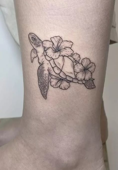 Sea Turtle Tattoo With Hibiscus, Turtle With Hibiscus Flower Tattoo, Hawaiian Flower Turtle Tattoo, Small Tropical Flower Tattoos For Women, Tattoo Ideas Female Hibiscus, Hawaiian Half Sleeve Tattoo Women, Hibiscus Tattoo For Men, Tropical Turtle Tattoo, Hibiscus With Waves Tattoo