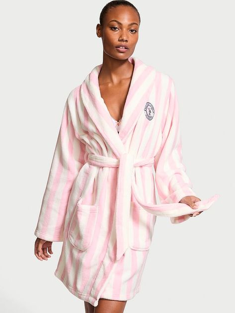 Buy Short Cozy Robe - Order Robes online 5000008347 - Victoria's Secret US Short Gown Dress, Lingerie Catalog, Women's Robe, Pink And White Stripes, Victoria Secrets, Wedding Guest Dress Summer, Dressing Gown, Black Wrap Dress, Pink Stripes